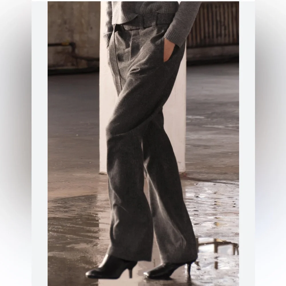 Zara Wool Blend Wide Leg Mid Rise Pants ZW Collection Gray Marl size XS NWT - Picture 8 of 16